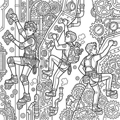 Prepare for an ascent into imagination with this captivating Steampunk Youth Climbers coloring page. Discover a thrilling fusion of industrial Victorian fantasy and the adventurous spirit of young explorers, ready for your creative touch.