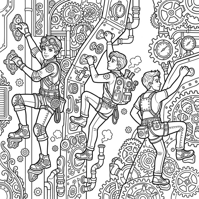 Prepare for an ascent into imagination with this captivating Steampunk Youth Climbers coloring page. Discover a thrilling fusion of industrial Victorian fantasy and the adventurous spirit of young explorers, ready for your creative touch.
