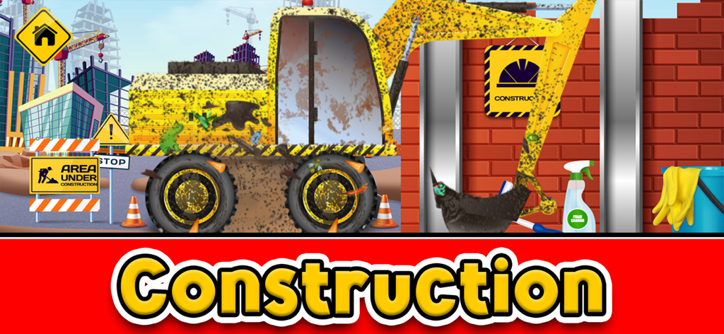 Little Car Wash: Vehicle Game - A dirty yellow construction excavator in a car wash simulator game for children.