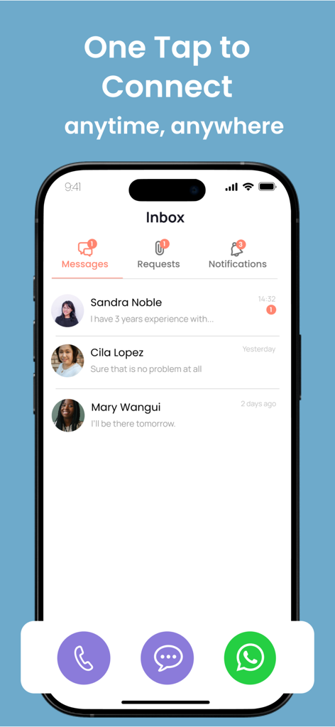 Yaya: Find a Nanny - Yayaアプリの受信トレイ画面。ケア提供者からのチャットメッセージと、通話およびWhatsApp用のクイックアクションボタンが表示されています。