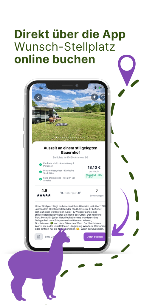 Alpaca Camping App - Smartphone screen showing a private farm campsite listing with price and booking button