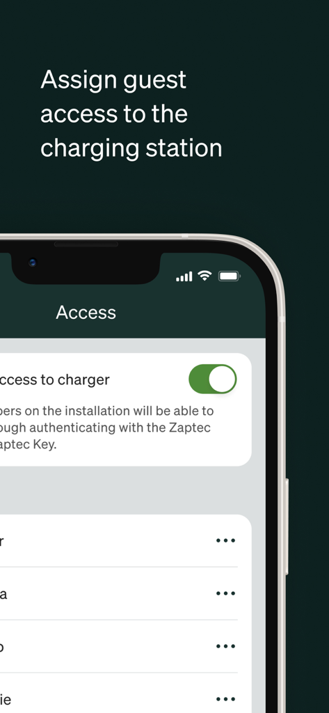 Zaptec - Zaptec mobile app screen showing the guest access control interface for an EV charging station
