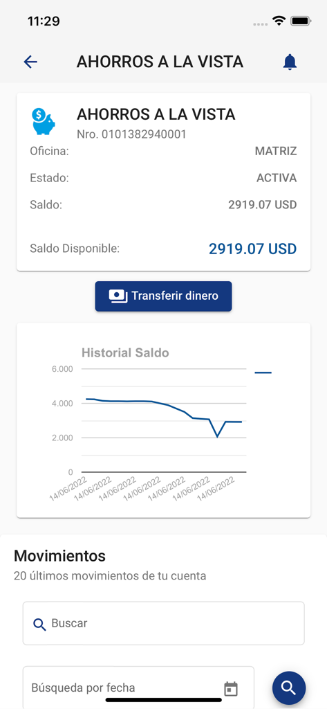 Cacspmec Móvil - Panel de cuenta de ahorros de Cacspmec Movil mostrando saldo e historial de transacciones