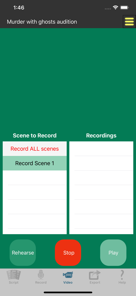 Audition Pro - Interface do aplicativo Audition Pro mostrando opções para gravar cenas e reproduzir gravações para uma audição de self-tape.