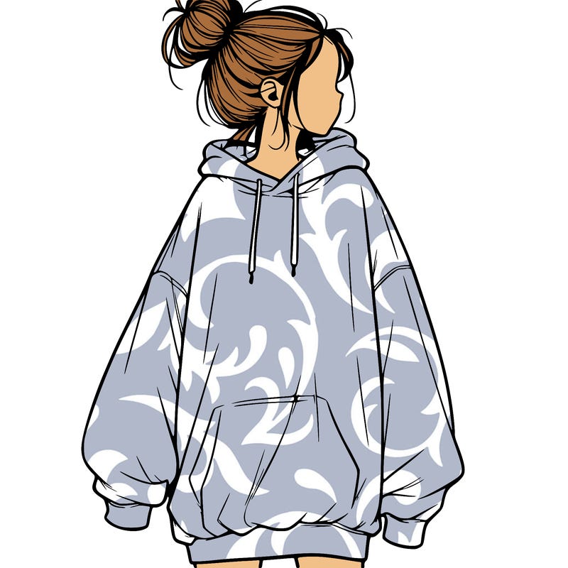 realistic girl with a oversized sweatshirt on and a bun