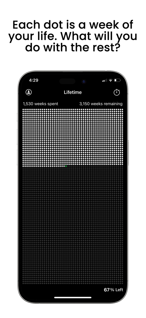 Lifetime: Life Progress - Ein mobiler App-Bildschirm, der ein Gitter von Punkten zeigt, wobei jeder Punkt eine Woche im Leben einer Person darstellt