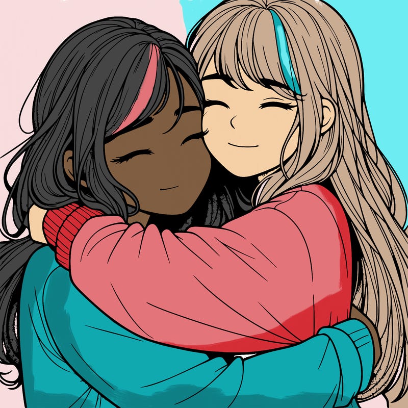 realistic two girls hugging