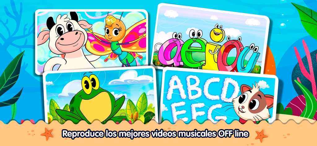 La Risa de las Vocales y Abc - Interfaz de aplicación educativa que muestra dibujos animados de animales y letras para que los niños aprendan el alfabeto y las vocales en español