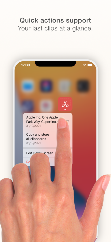 Clippo - Clipboard manager - Clippo app quick actions menu showing recent clipboard clips on an iPhone