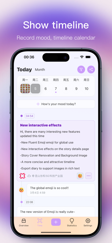 A smartphone display showing the Shine app timeline interface with mood tracking entries and a weekly calendar view
