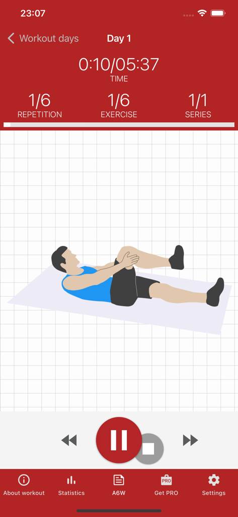 Abdominal exercise illustration and workout timer in the Caynax A6W abs workout app interface.