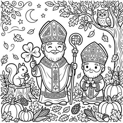 Immerse yourself in a festive blend of Irish tradition and autumn beauty with this unique coloring page. Featuring St. Patrick figures surrounded by a bountiful harvest and charming woodland creatures, it's perfect for a cozy creative session.