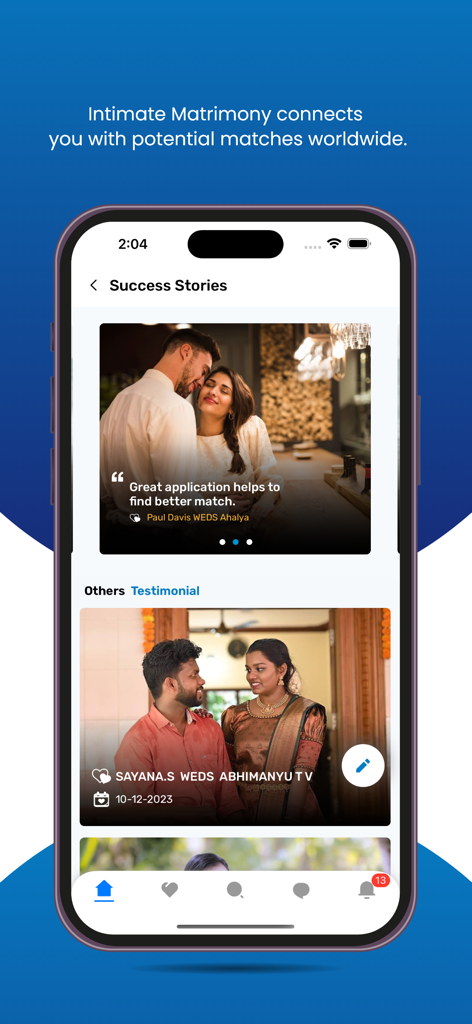 IntimateMatrimony - Success stories screen showcasing testimonials from couples who met through Intimate Matrimony.