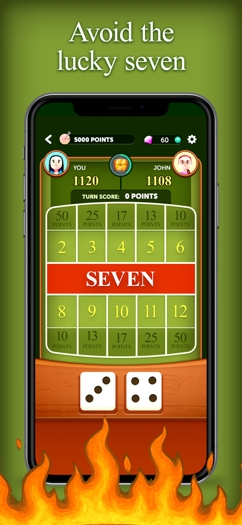 Mobile screen of Hot Rolls Dice Strategy Game showing a competitive PvP match with a goal to avoid rolling a seven