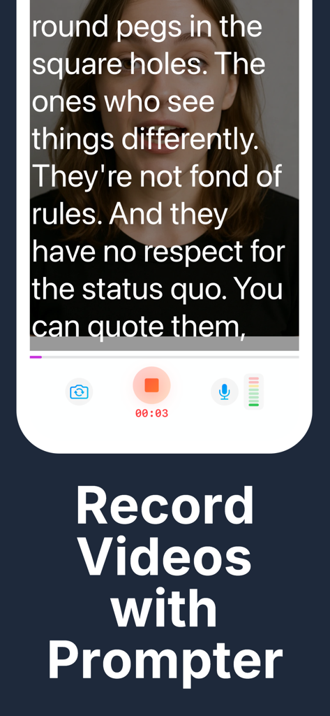 GoTeleprompter: Video Prompter - A woman recording a video with a scrolling script overlay using GoTeleprompter