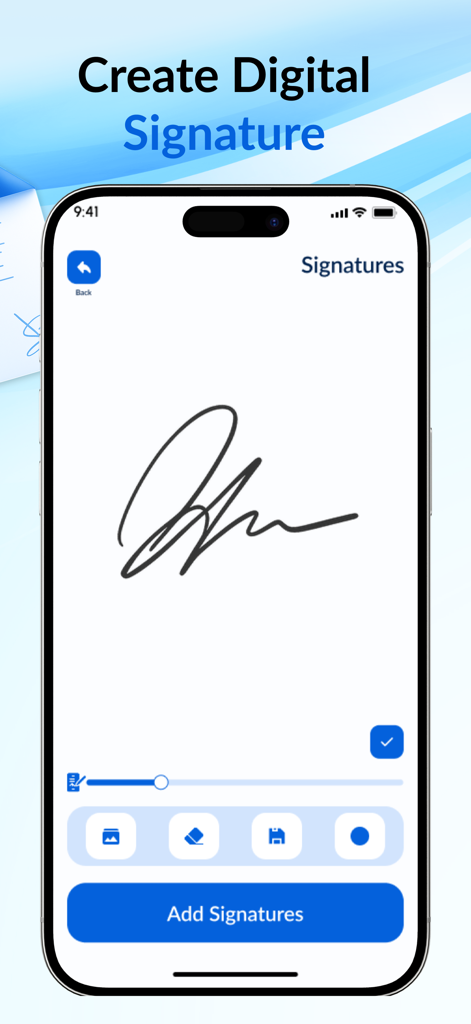 Pantalla de creación de firma digital en un teléfono móvil.