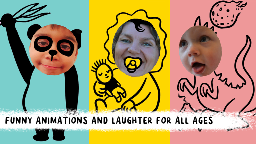 CHOMP by Christoph Niemann - カラフルなキャラクターに実際の人間の顔が統合された手描きアニメーションを表示するCHOMPアプリのスクリーンショット