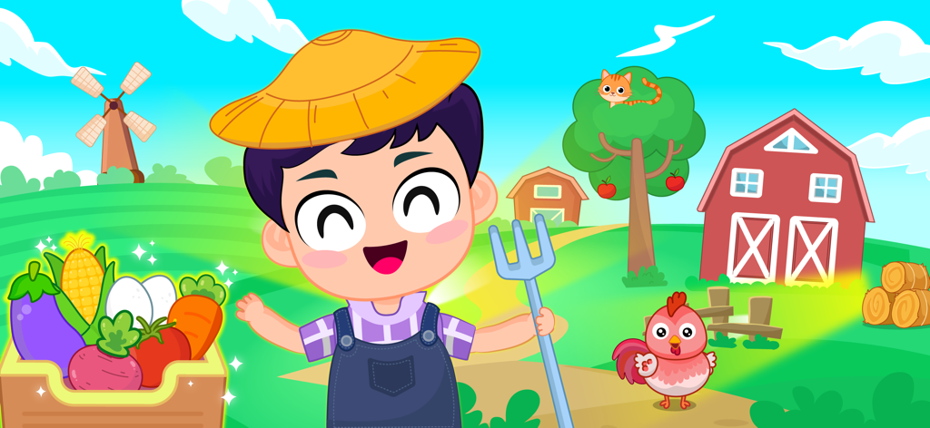 My Little Farm Game Kids World - Un allegro bambino contadino dei cartoni animati che tiene in mano un forcone in un paesaggio agricolo con un fienile e verdure