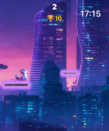 Cat Jump For Watch - Un gato lindo saltando entre plataformas brillantes sobre una ciudad futurista por la noche