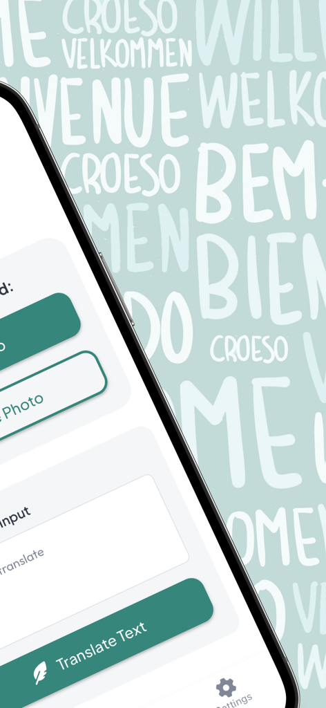 AI Photo Translator app interface showing text input and translation options