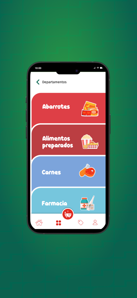 Mobile app interface showing shopping departments for groceries, meats, and pharmacy in Spanish.