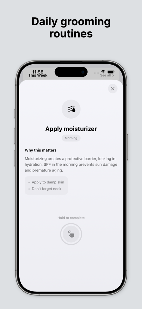 Brad: Face Care & Grooming - 指示と完了ボタン付きの保湿剤塗布のためのBradアプリの毎日のグルーミング画面