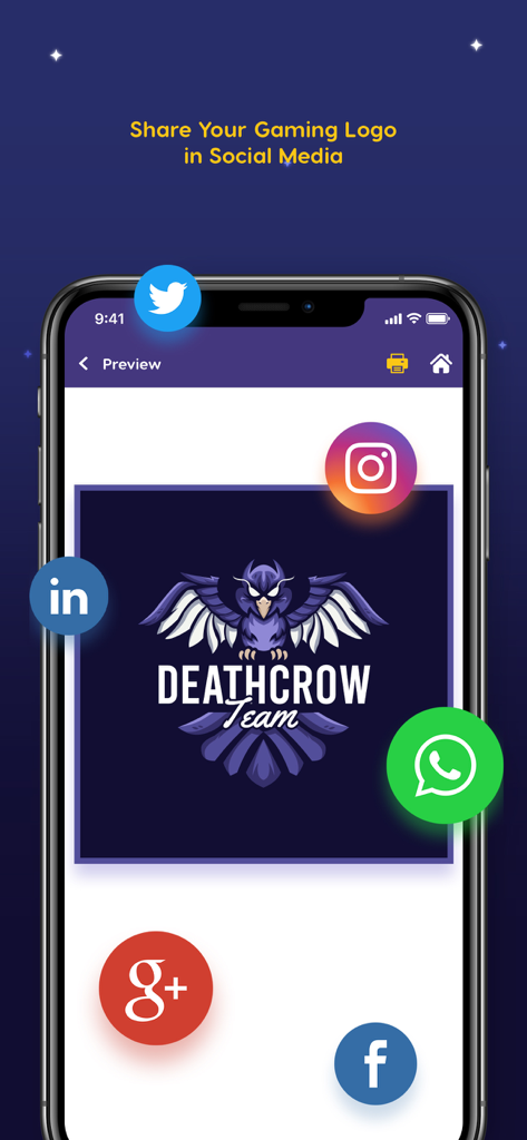 Logo Esport Maker - Logo Maker - Mobile app interface showing an esport mascot logo for a gaming team and options to share on social media.