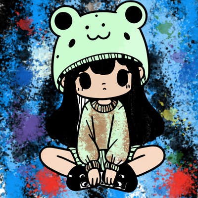 a girl wearing a frog hat and some frog socks