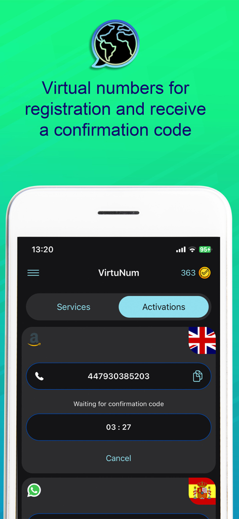 Interfaz de la aplicación VirtuNum que muestra un número virtual para el registro en Amazon con una cuenta regresiva para el código de confirmación