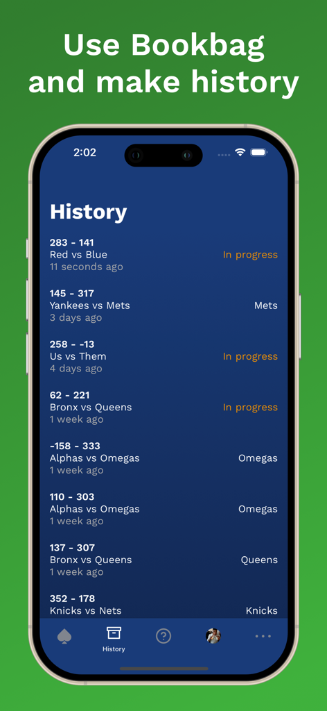 Bookbag: Spades Scorekeeper - A mobile interface showing the history page of the Bookbag Spades Scorekeeper app with a list of previous game scores and winners.