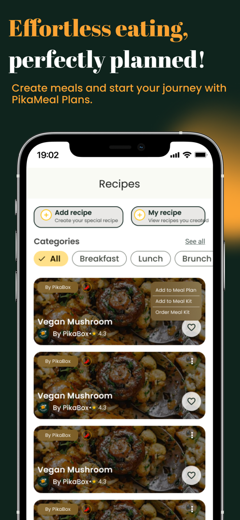 PikaBox - PikaBox app interface showing vegan mushroom recipes and meal planning features