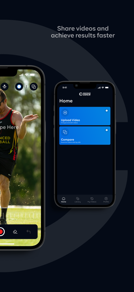 Enhanced Coach - Enhanced Coach app interface showing the home screen with video upload and comparison options alongside a sports video analysis session