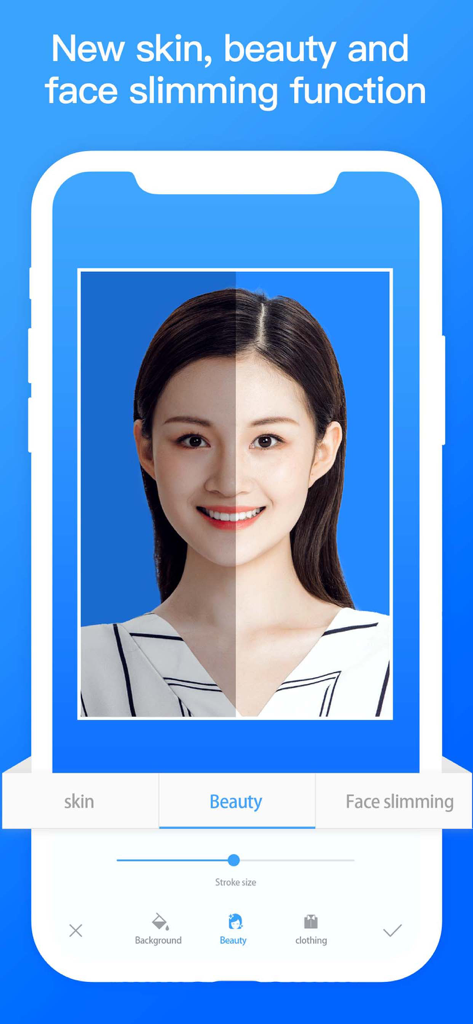 Before and after comparison of the beauty and face slimming filters in the ID Photo Maker app