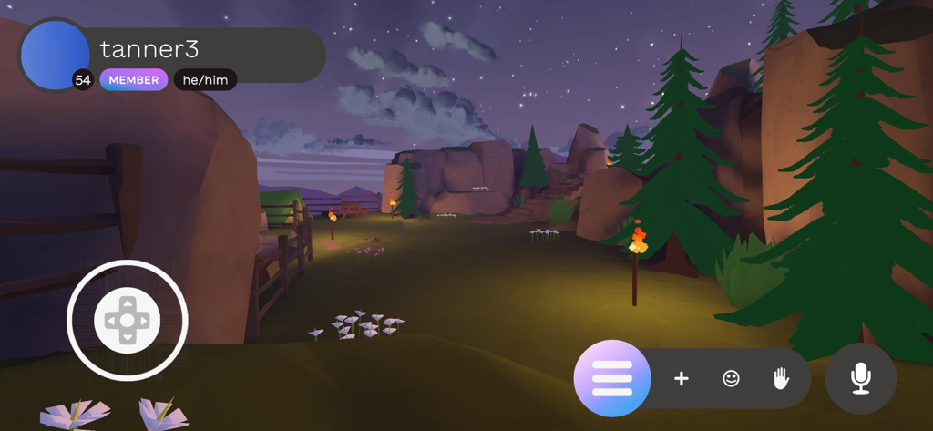 Innerworld: mental health help - An anonymous user navigating a peaceful 3D virtual campsite at night within the Innerworld mental health app