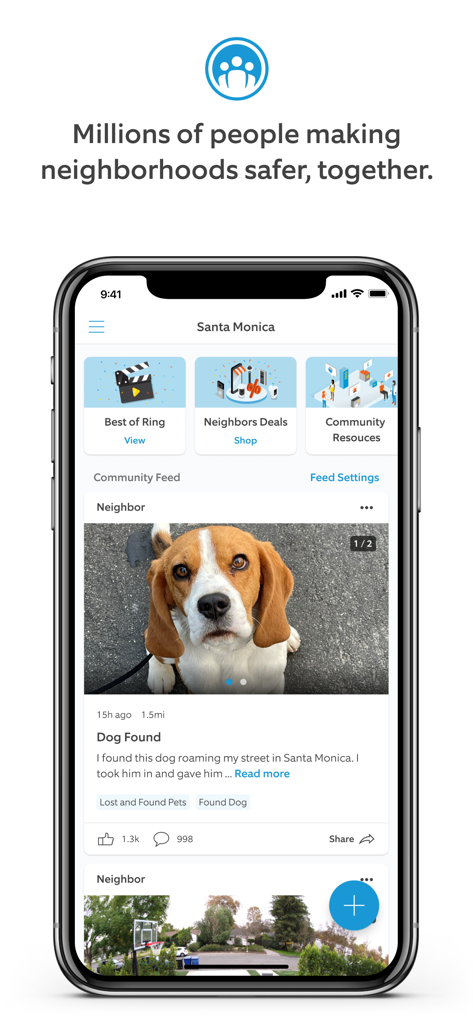 Neighbors by Ring - App Neighbors by Ring che mostra un feed della comunità con un avviso di cane ritrovato a Santa Monica.