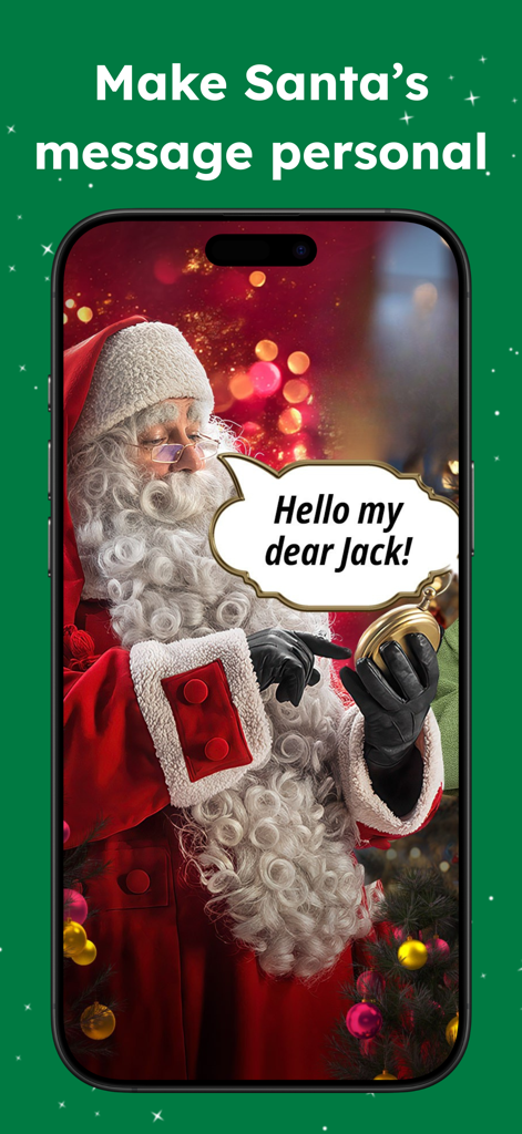 Call Santa Claus with PNP - A smartphone screen showing a personalized video message from Santa Claus addressed to a child