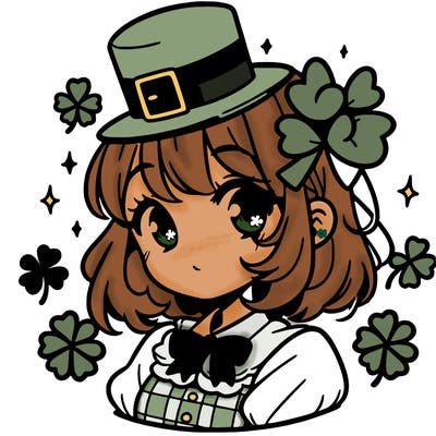 a manga-style girl with clovers around her, a little hat in her hair, like it's saint patrick's day