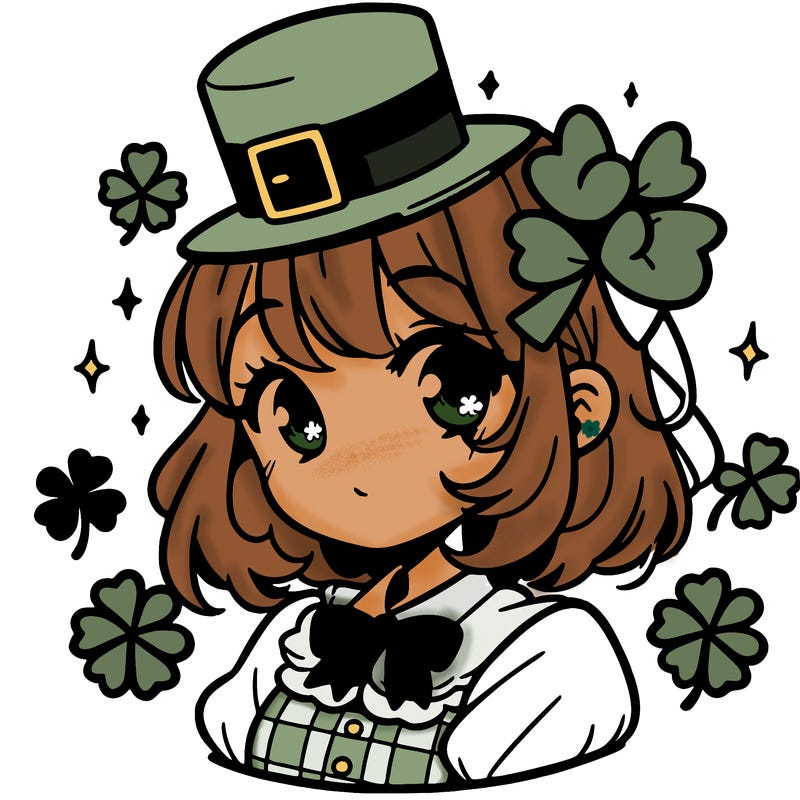 a manga-style girl with clovers around her, a little hat in her hair, like it's saint patrick's day