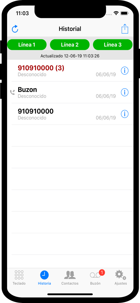Voip Duocom - softphone SIP - Voip Duocom app call history screen displaying multiple phone lines and logs