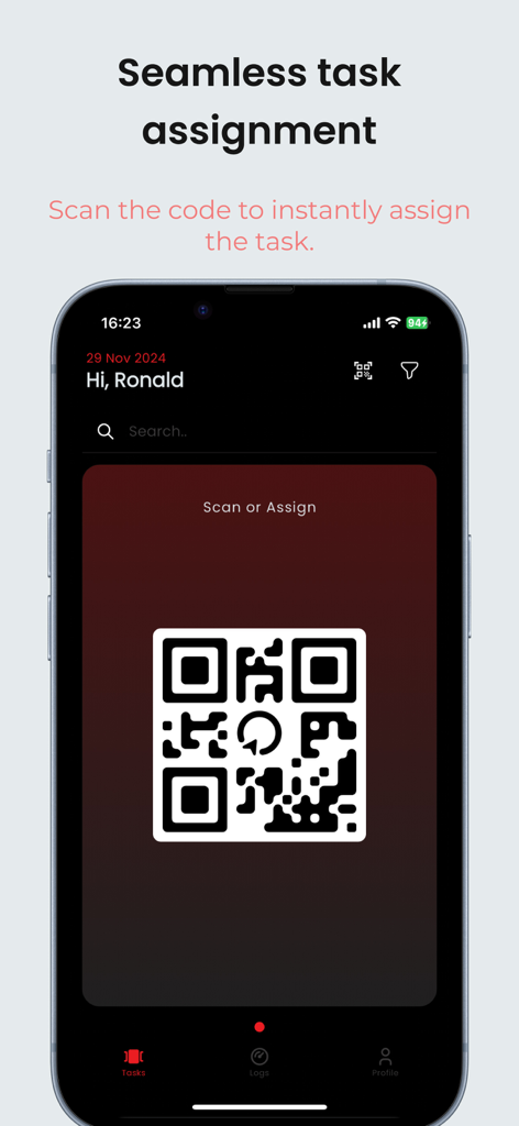 RedLog app interface showing a QR code for seamless task assignment