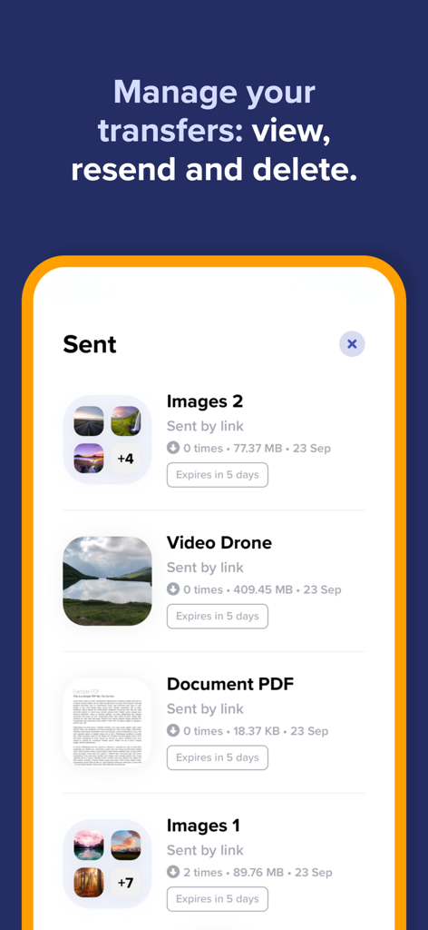 TransferNow app interface showing a history of sent file transfers including images, videos, and documents with expiration details.