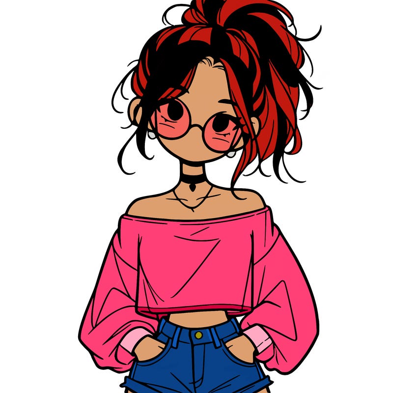 girl with a messy ponytail glasses a baggy crop top and jean shorts