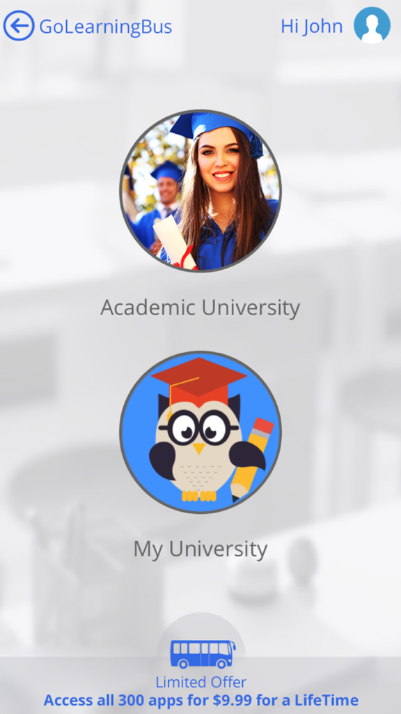 Learn Engineering Math by GoLearningBus - GoLearningBus app dashboard showing Academic University and My University options with a lifetime offer banner