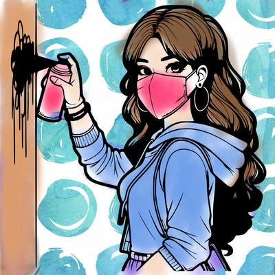 realistic girl with mask spray painting a wall