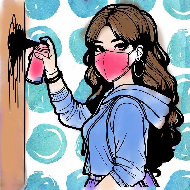 realistic girl with mask spray painting a wall