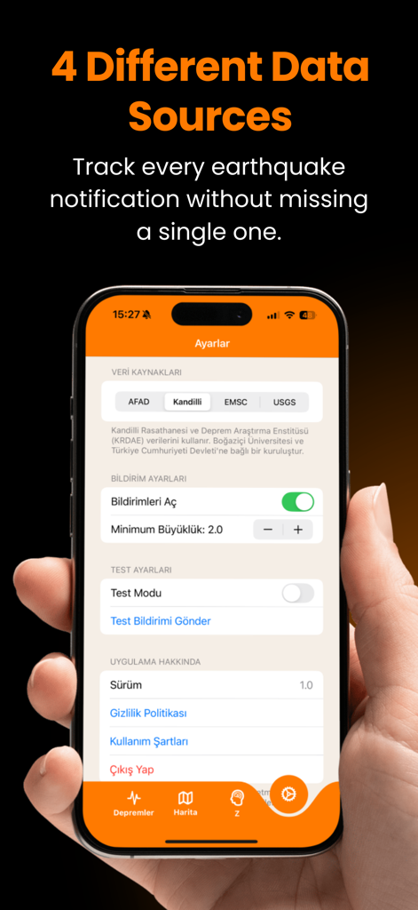 Zelzele app settings screen showing multiple earthquake data sources like USGS and EMSC with notification controls