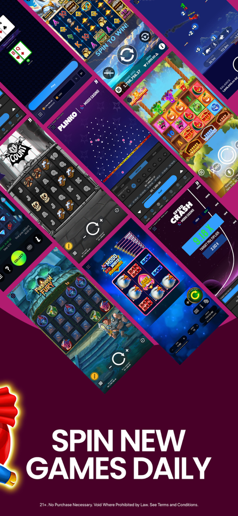 Modo Social Casino Slots - Un collage de varios juegos de casino móvil que incluyen tragamonedas y plinko de la aplicación Modo Social Casino.