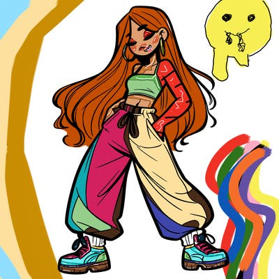 girl in baggy pants crop top and long hair