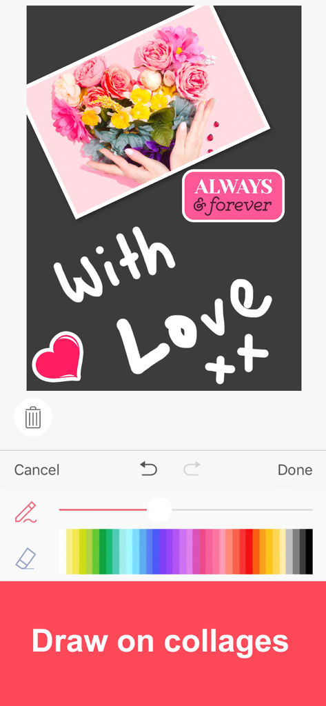 Interface de l'application montrant des outils de dessin et du texte manuscrit sur un collage photo floral