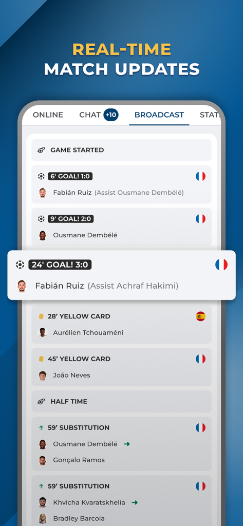 Paris Live - Fans Community - Real time soccer match updates showing goals and cards in the Paris Live app
